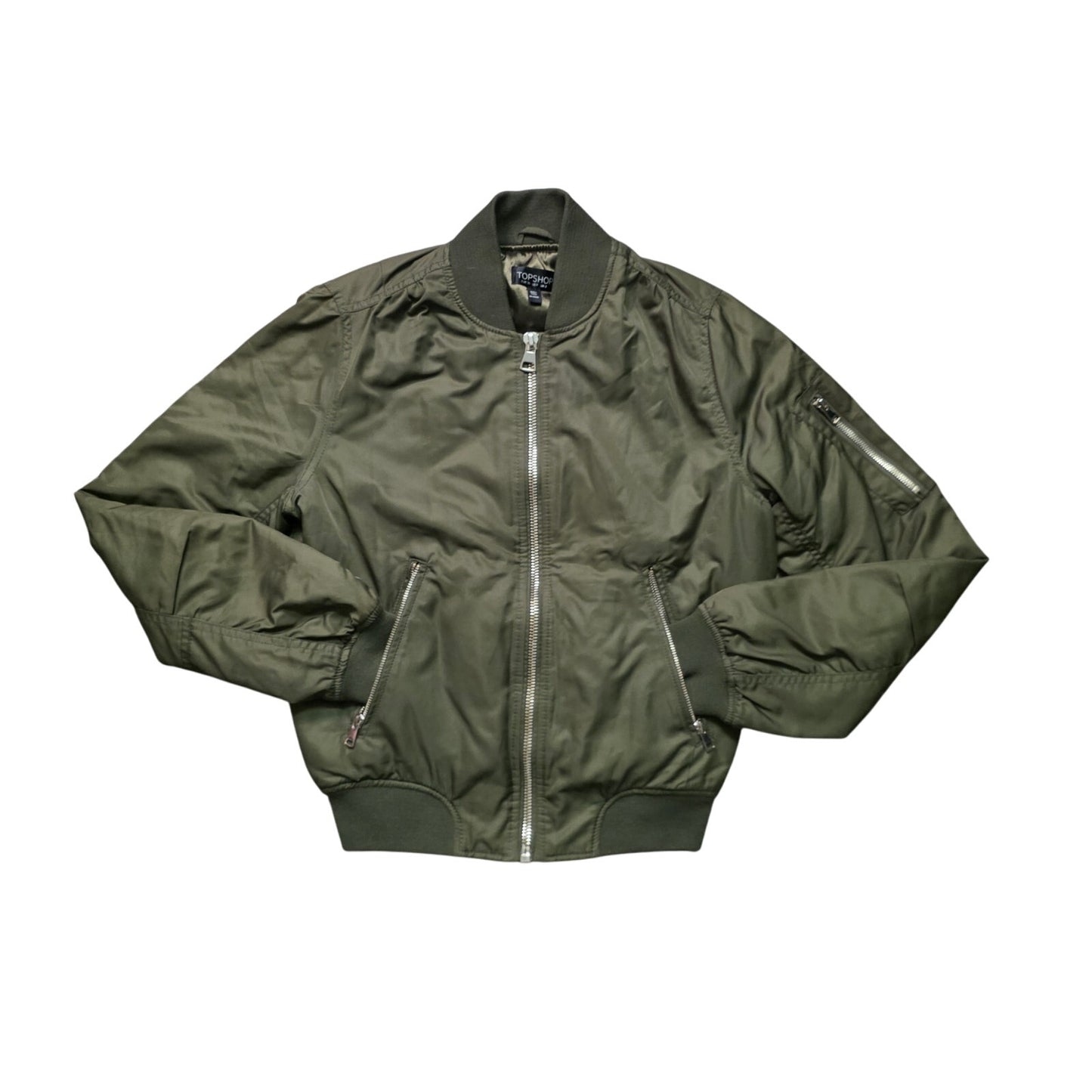 Topshop Bomber Jacket Women’s Size 4 Green Full Zip Ribbed Lined