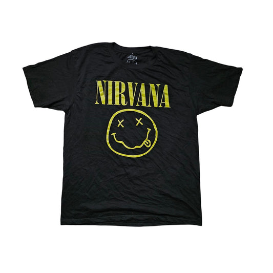Nirvana Smiley Face Graphic T-Shirt Men’s L Black Rock Band Tee